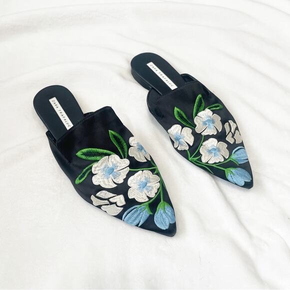 Zara Trafulac black embroidered floral slide mules size 38 pointy flat - Picture 1 of 7